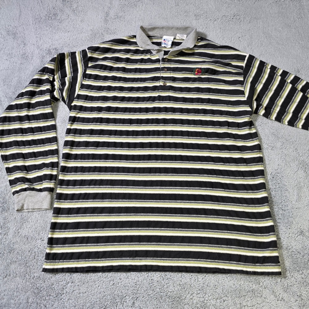 Tommy Hilfiger Mens Medium Polo Shirt Black Green Striped Vintage Long Sleeve‎